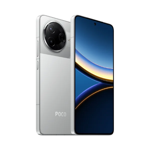 Silver Poco smartphone with a round triple-camera module and a sleek touchscreen, shown from front and back.
