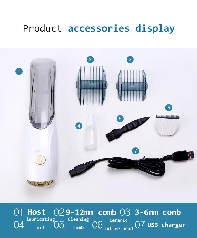 Portable pet grooming vacuum clipper kit with ceramic blades and USB charger for easy home hair removal for cats and dogs.