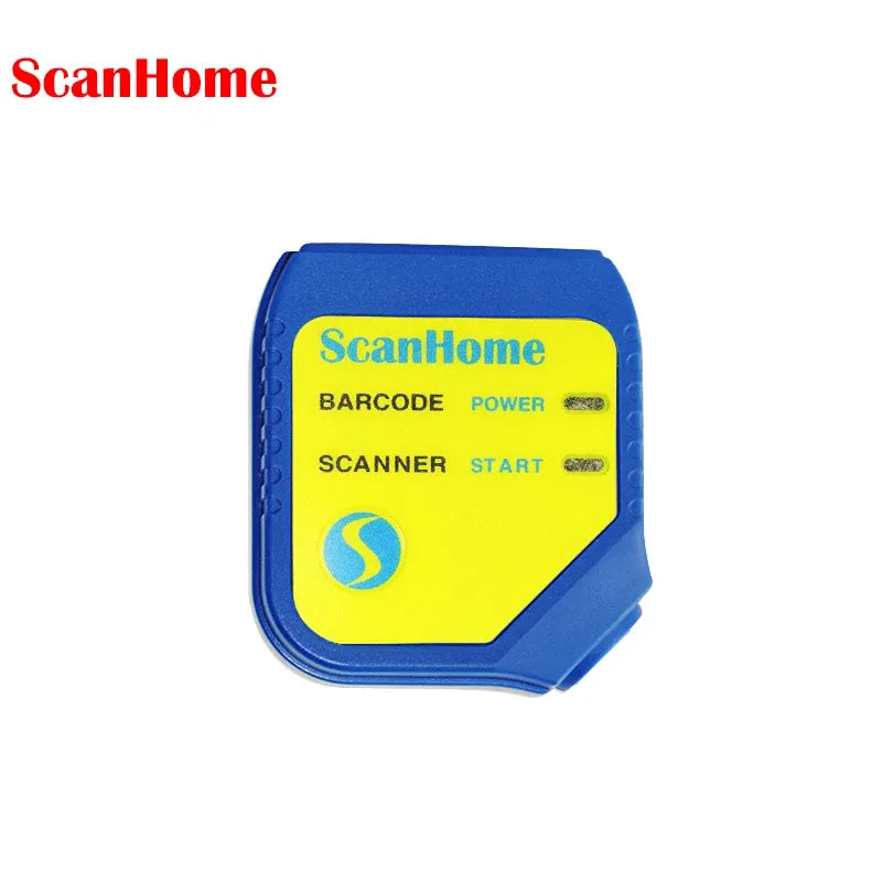 Blue barcode scanner with yellow control label, power and scanner start markings