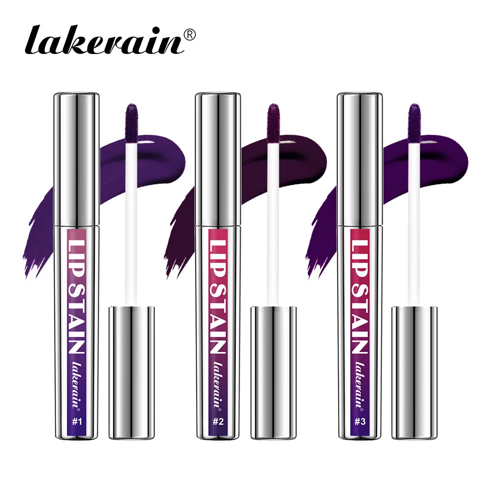 Lakerain waterproof peel-off lip stain set with deep purple matte pigment and silver applicator wands.