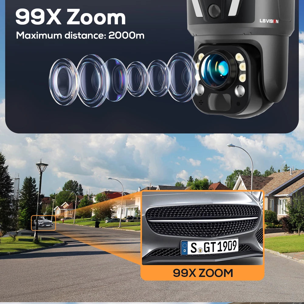 LS VISION 4K 99X Optical Zoom 4G Solar Camera Outdoor WiFi PTZ Dual Screen Dual PIR Detection Auto Tracking CCTV Camera Ubox App
