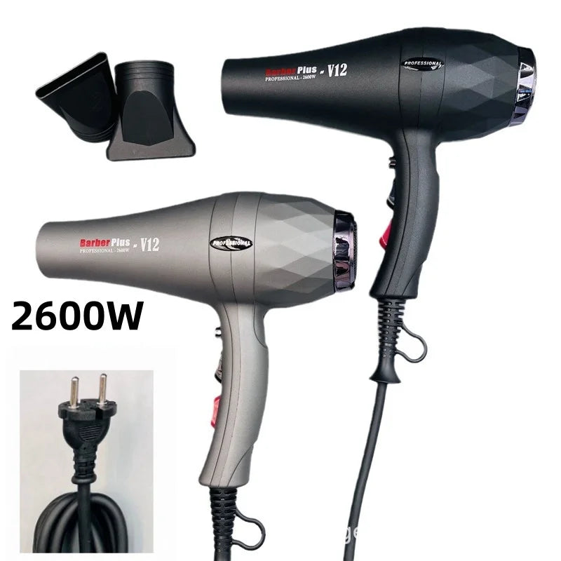 2600W professional hair dryer in black and grey with concentrator nozzles for fast salon-quality styling.