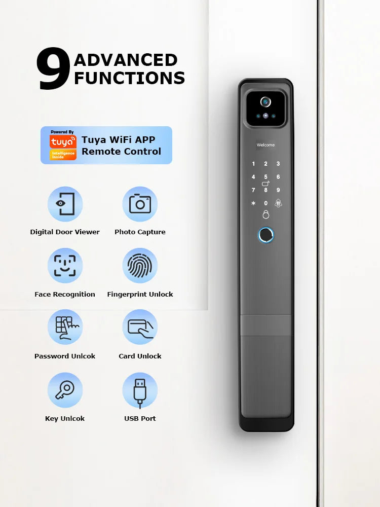 WiFi Tuya APP English/Russian/Spanish/Portuguese Voice Digital 3D Face Recognition Fingerprint Smart Door Lock