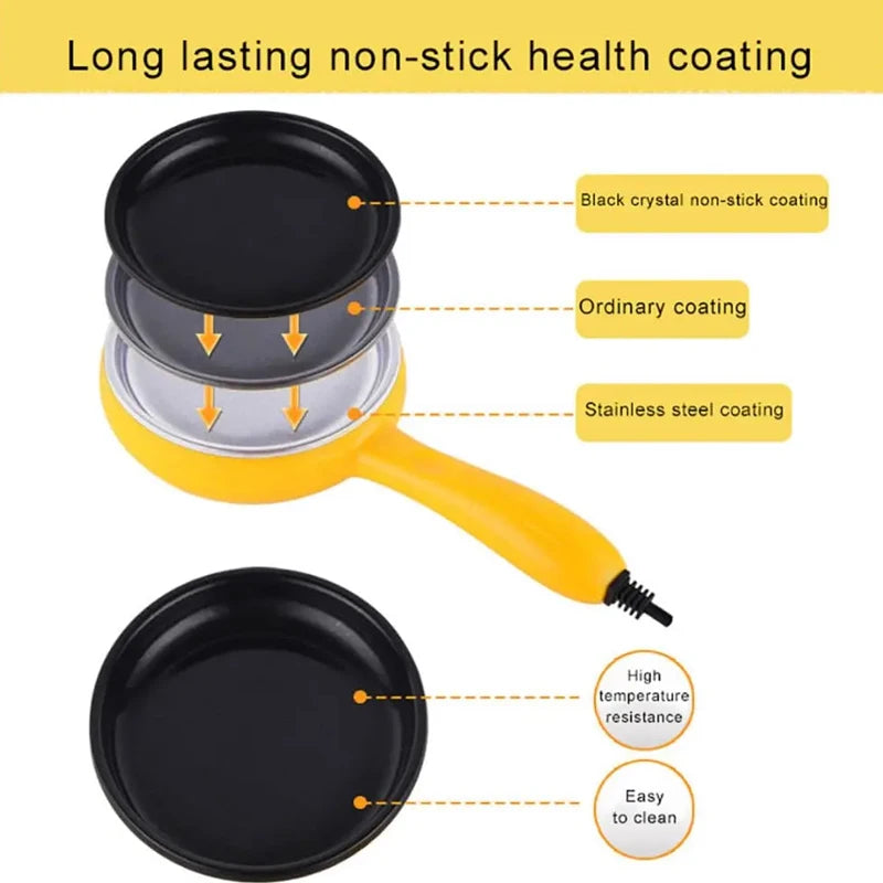 Yellow electric egg cooker base with non-stick pan layers and heating temperature resistance labels.
