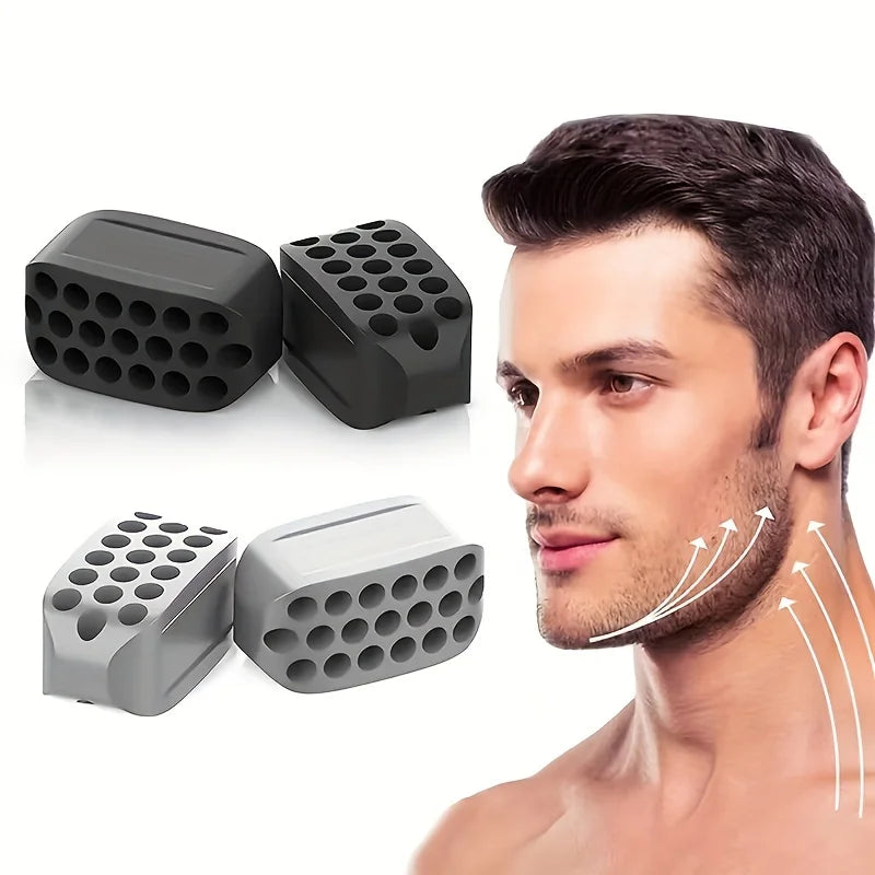 Black and grey silicone jawline exercise blocks with hole patterns, shown alongside a man demonstrating their use.