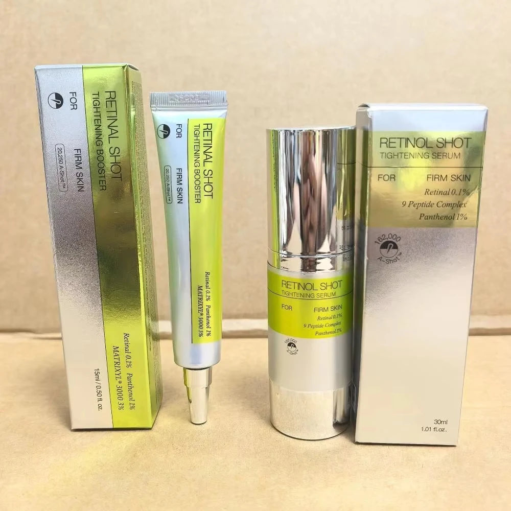 Retinol Shot tightening serum and booster products in silver and lime-green tubes and matching rectangular boxes.