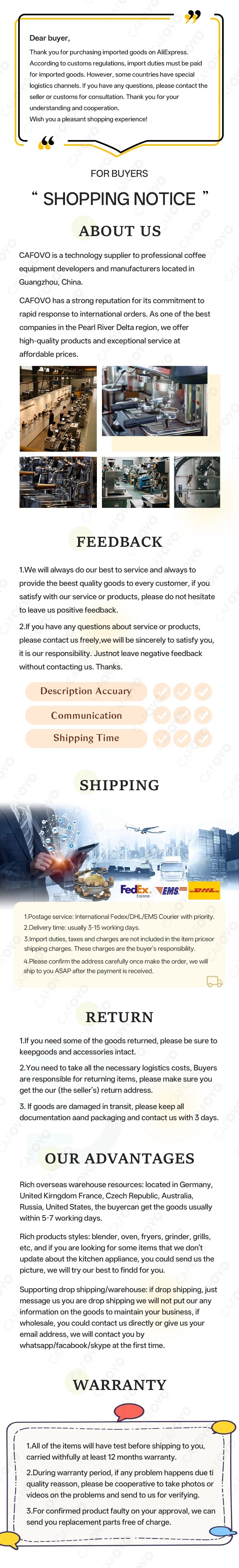 CAFOVO brand infographic showing professional coffee equipment manufacturing facility and logistics shipping information.