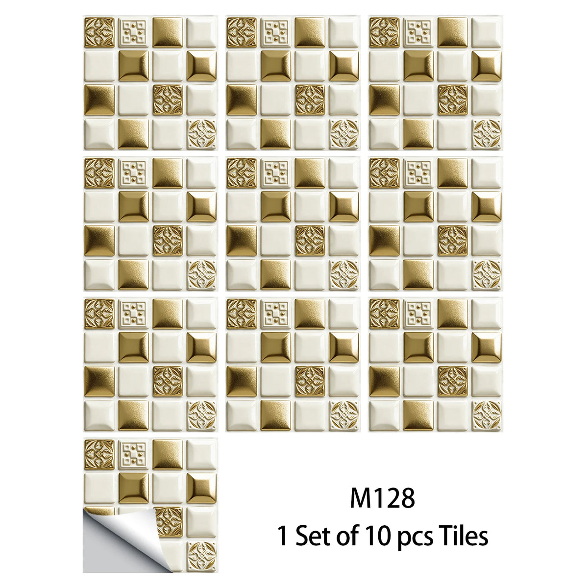 10-piece mosaic tile sticker set in gold and cream squares with textured medallion tiles