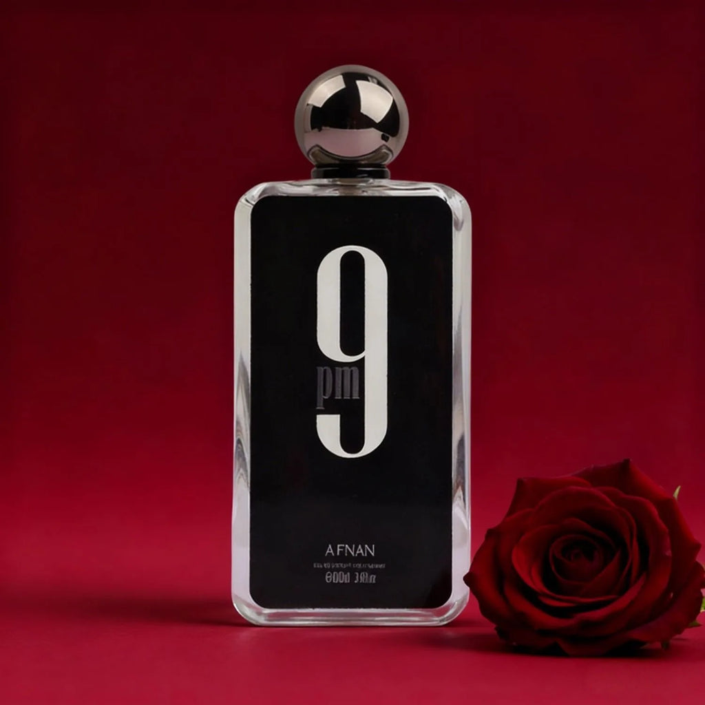 Afnan 9 PM men's extrait de parfum, 100ml. Rectangular glass bottle, silver cap. Long-lasting scent, ideal gift.