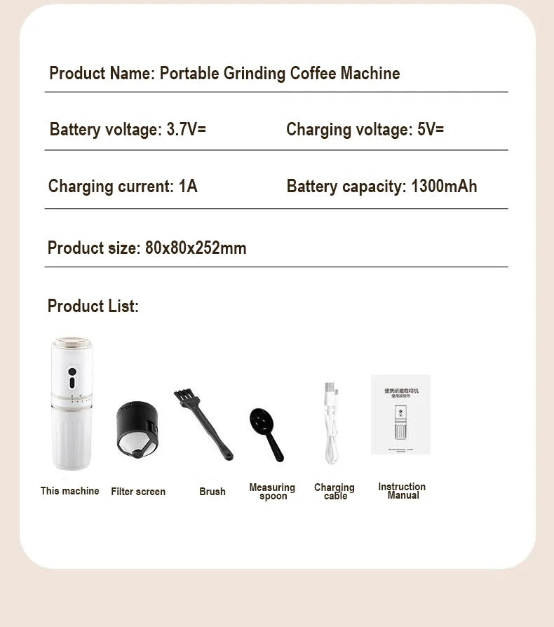 White portable electric coffee grinder and brewer set with filter, brush, spoon, and charging cable.