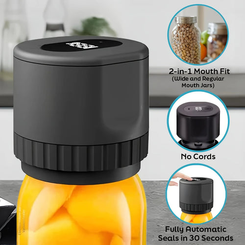 Black countertop vacuum sealer device with wide top opening for jars and bottles