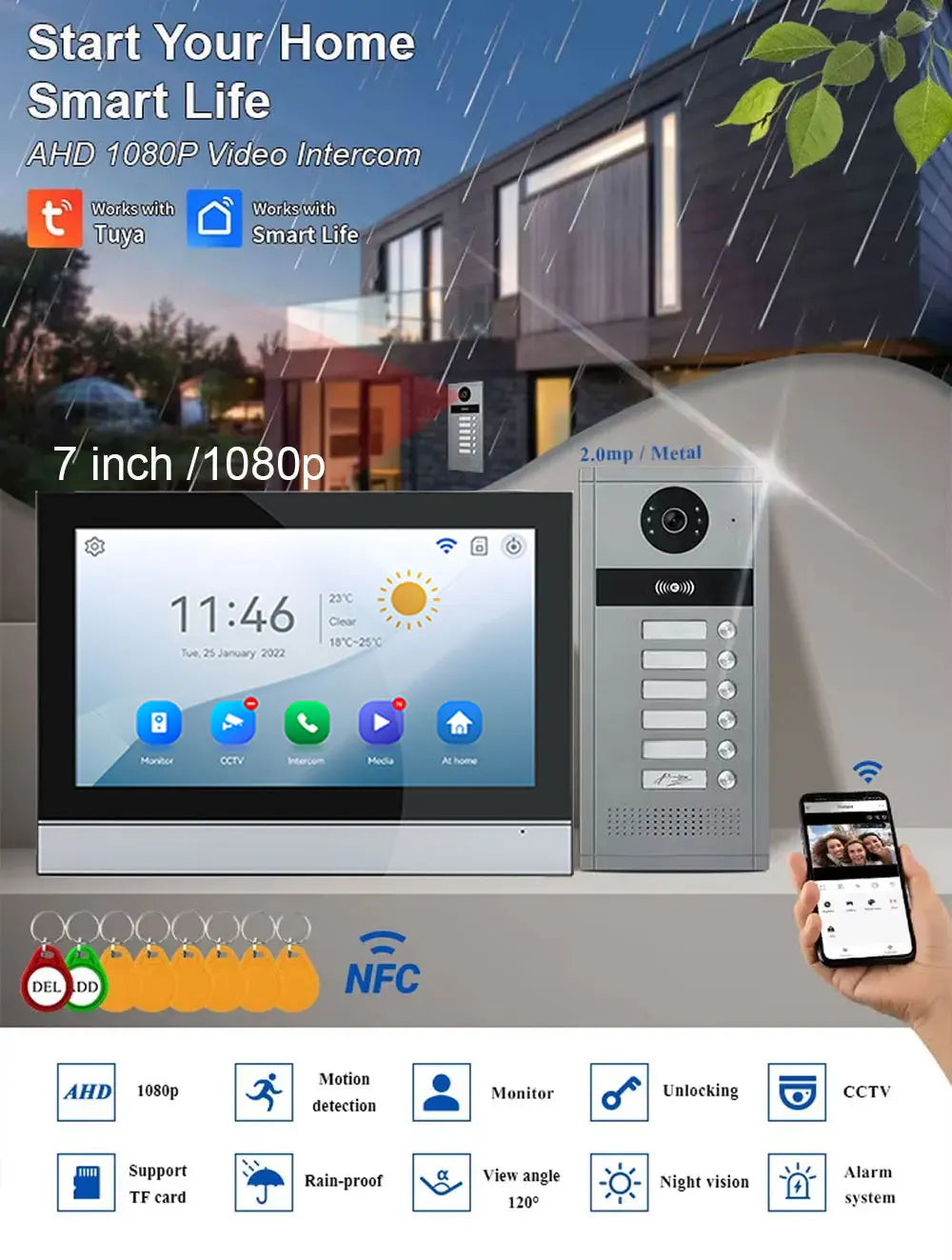 7 inch Touch Screen Video Doorbell Intercom 4 Wired Tuya WiFi Video Doorphone System for 5/6/8 Family Apartment RFID Card Unlock