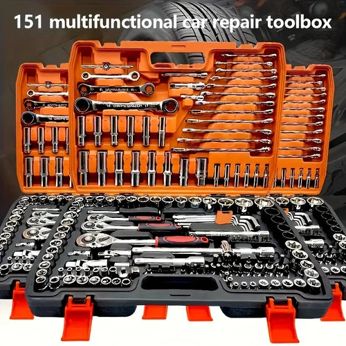 Socket tool set open in orange case with rows of chrome sockets and ratchet tools