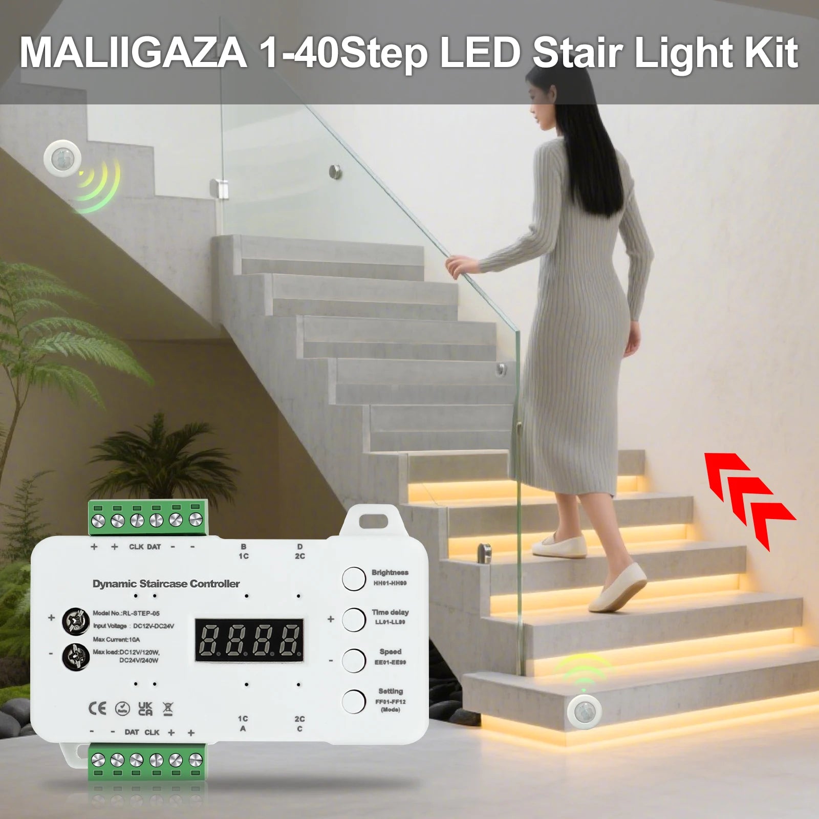 MALIIGAZA 1-40 Steps Motion Sensor LED Stair Light 24V COB LED Strip Stair Lighting Kit With Transformer For Indoor Stairway