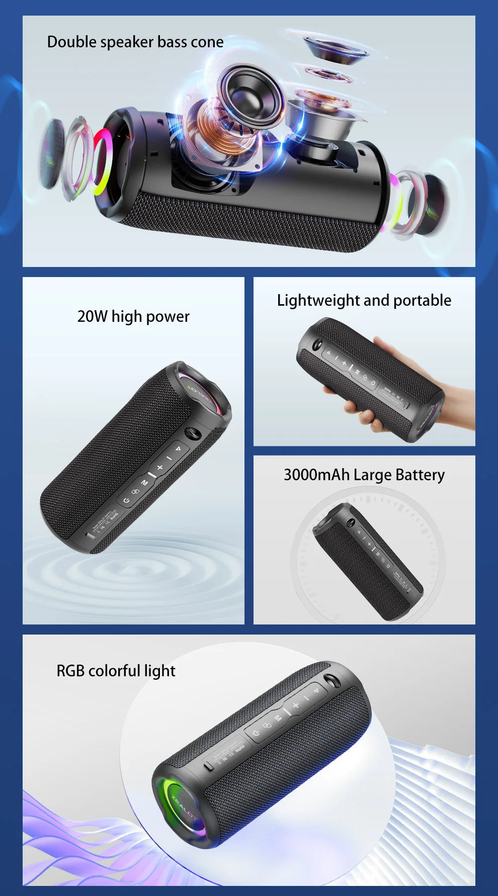 Zealot S49 pro Wireless Speaker,Outdoor Portable Subwoofer Speaker Waterproof IPX 6,, Dual Pairing,3000mAh.
