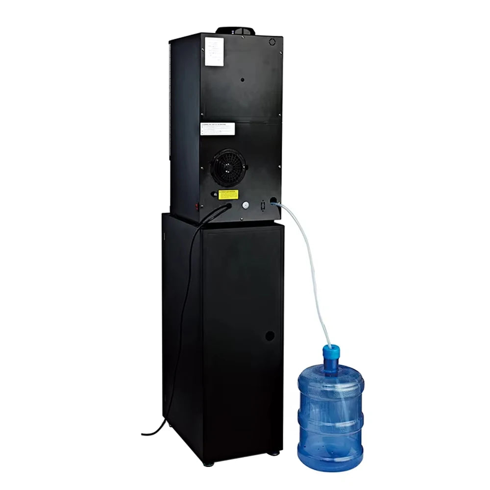 Back view of black floor-standing coffee and tea maker with connected external 5-gallon water bottle.