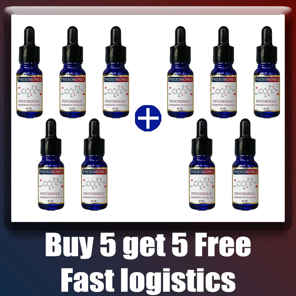 Ten 10ml blue glass dropper bottles of Psychedelic Pheromone Fragrance arranged in two groups of five.