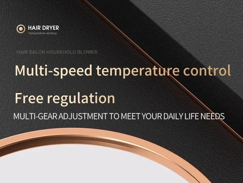 Professional 2000W salon hair dryer with rose gold accents and multi-speed temperature control for ionic hair care.