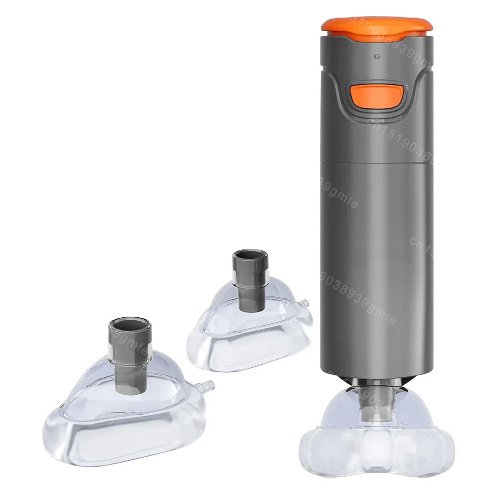 Grey and orange emergency choking rescue device with three clear silicone masks for adult and child airway first aid.