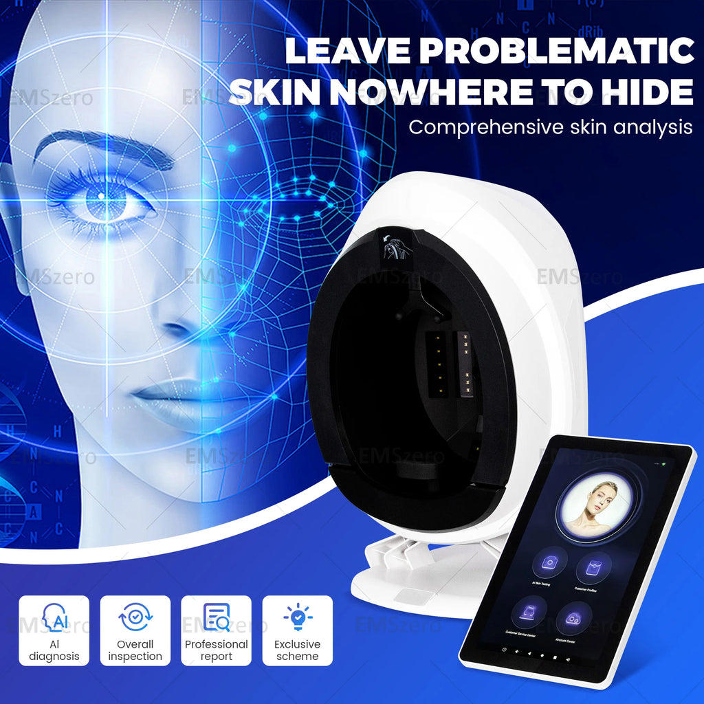 White smart facial skin analysis device with tablet display for professional AI anti-aging skin scanning and diagnosis.
