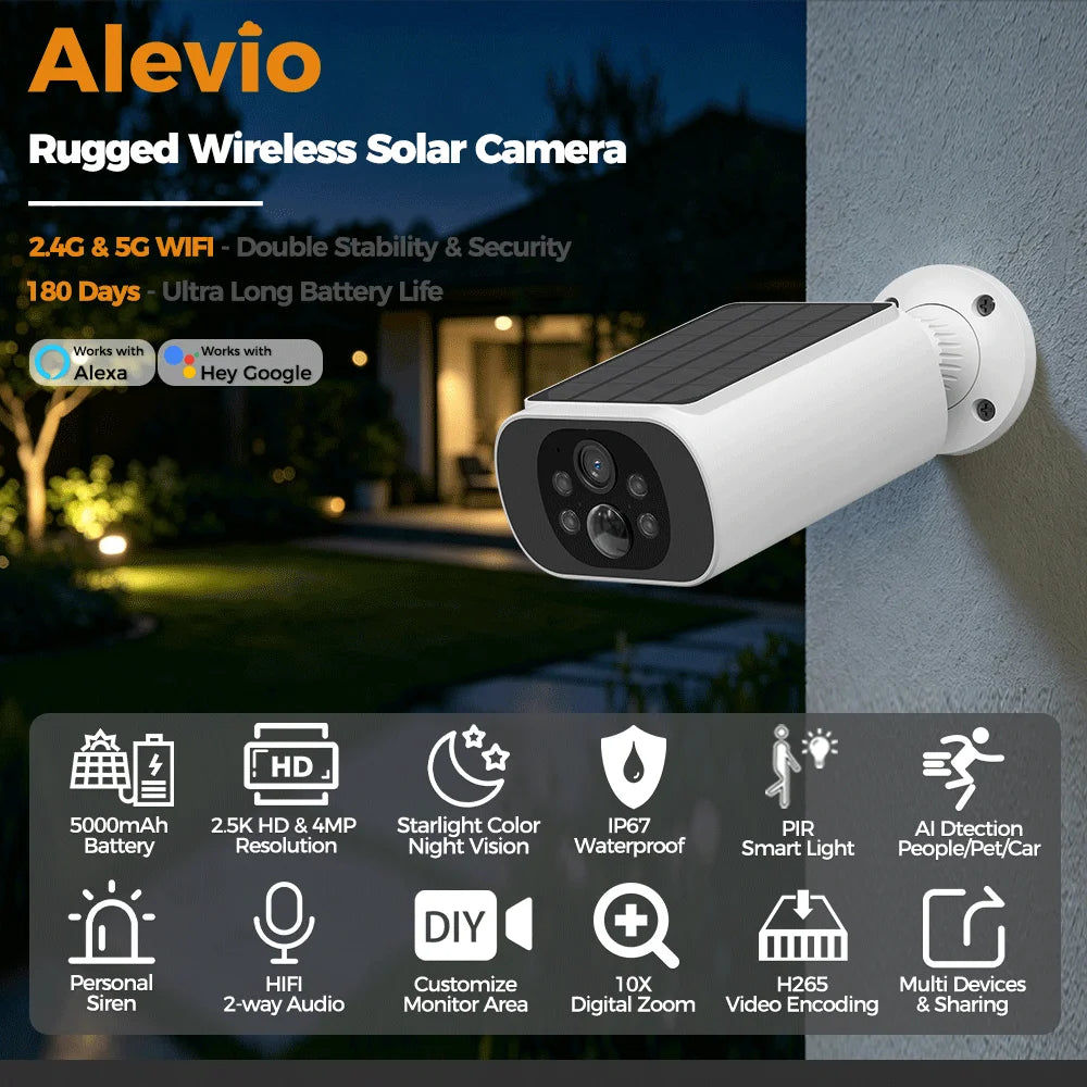 ALEVIO 2.5K Outdoor Solar Camera Wireless Cam WIFI Ultra Standby Time PIR Motion Light Color Night Vision AI Detect Battery Cam