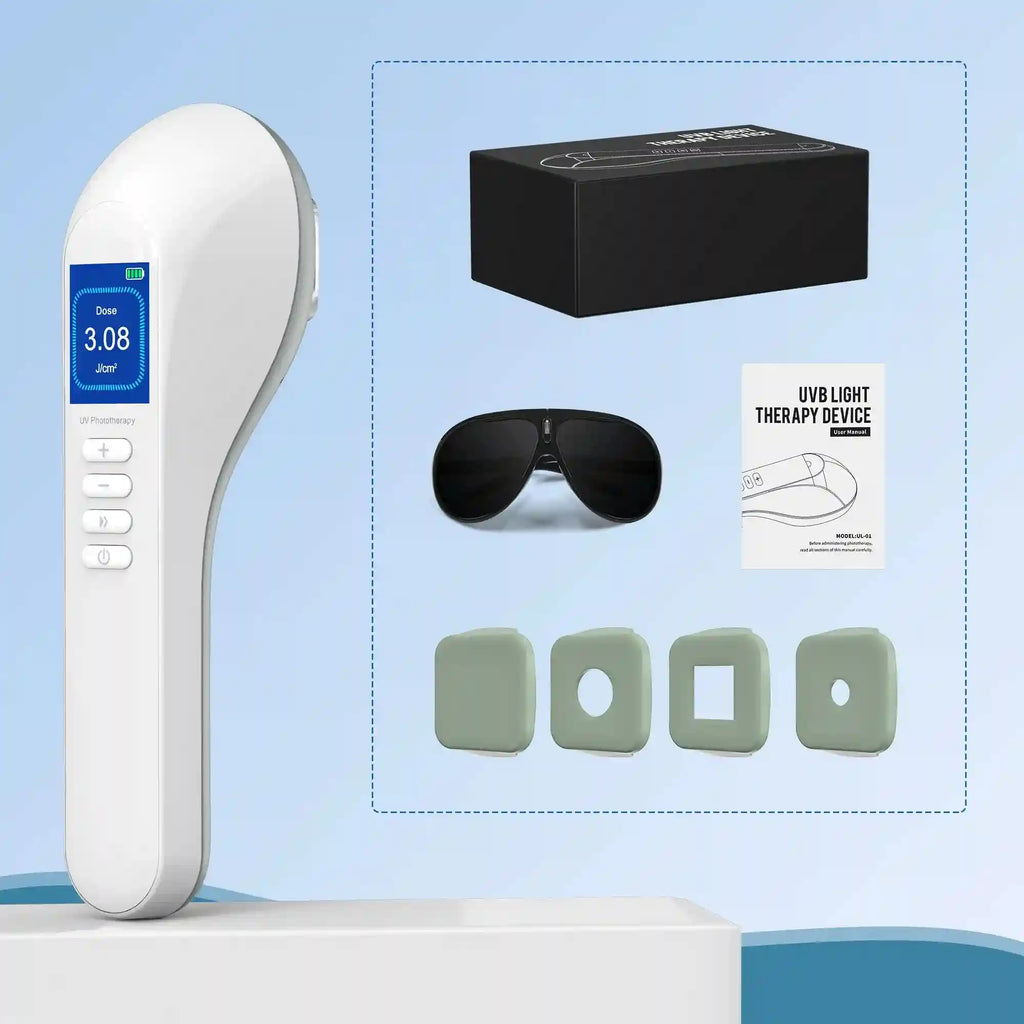 Handheld white UVB phototherapy device with digital display, UV protective glasses, manual, and four applicator caps.