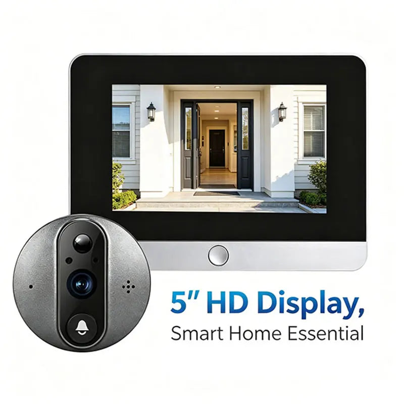 Smart doorbell with 5-inch HD display and circular peephole camera, black and silver
