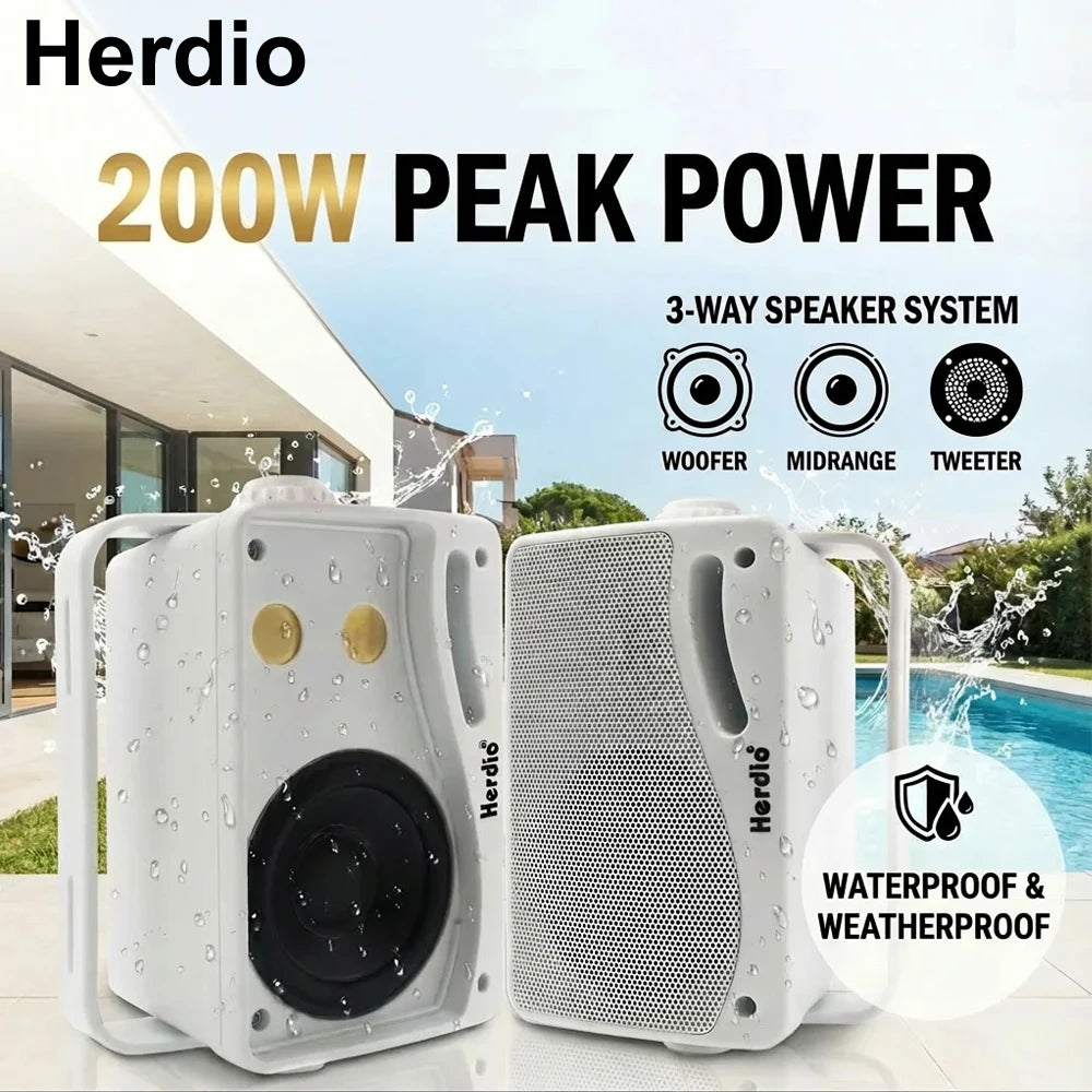 Herdio 3.5inch Outdoor Speaker 200W Waterproof Wall Mount Speakers HiFi Passive Wired 3 Way Premium Mountable Speake Black