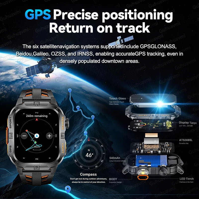 2026New Outdoor Military Men's Smartwatch, Equipped With GPS LED Lighting, Compass, Wireless Communication IP68 Waterproof Watch
