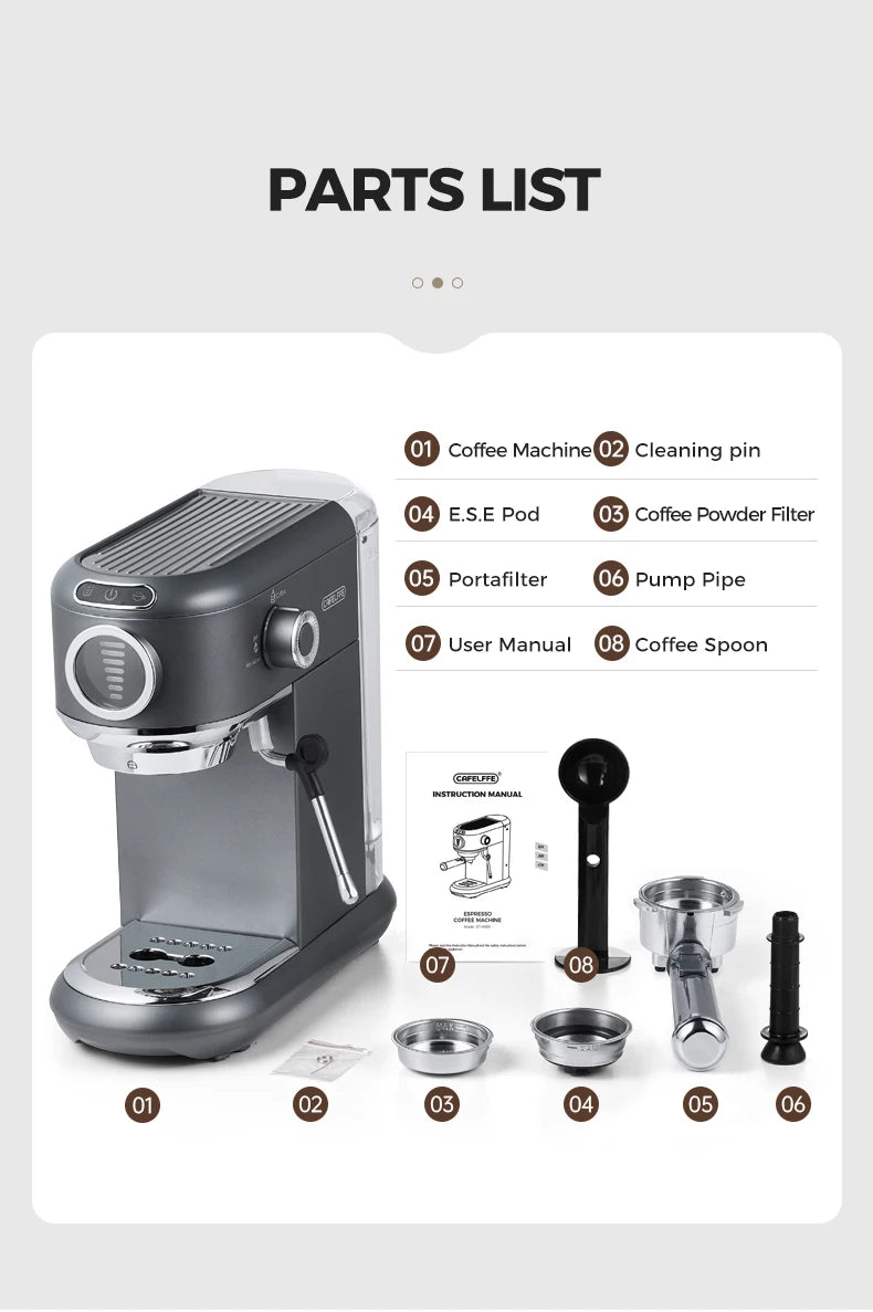 Cafelffe espresso coffee machine parts list featuring grey metal machine, portafilter, filters, and measuring spoon.