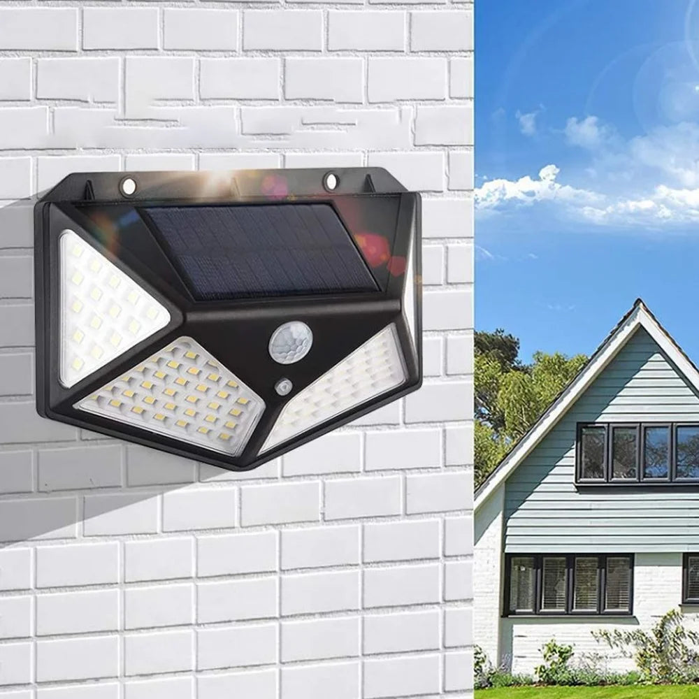 Solar Wall Lamp Outdoor Solar 100 LED Light 4 Sided Luminous Motion Sensor Waterproof Sunlight Garden Courtyard Decor Lighting