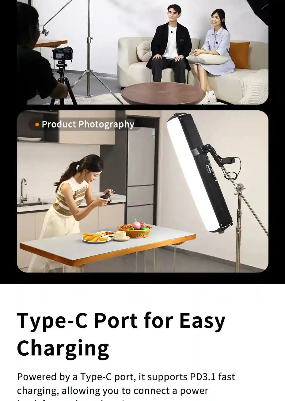 Long, rectangular LED studio light on a metal stand, used for professional photography and video lighting.