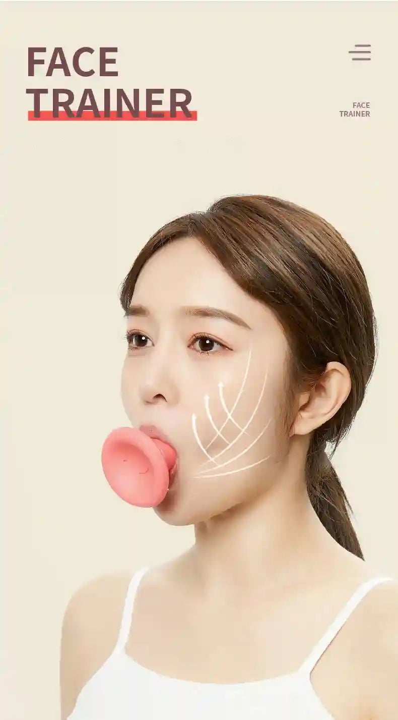 A woman using a round, pink silicone face-slimming exerciser tool between her lips.