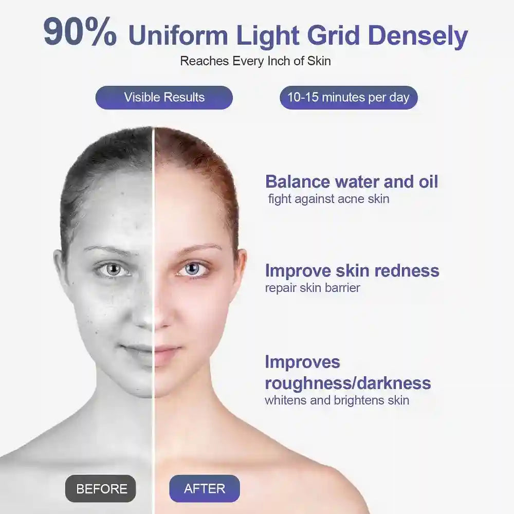 Before and after comparison of a person's skin to illustrate benefits of LED light therapy for facial skin repair.