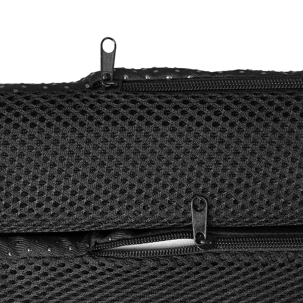 Black ergonomic under desk foot rest with breathable mesh cover and durable zippers for adjustable height comfort.