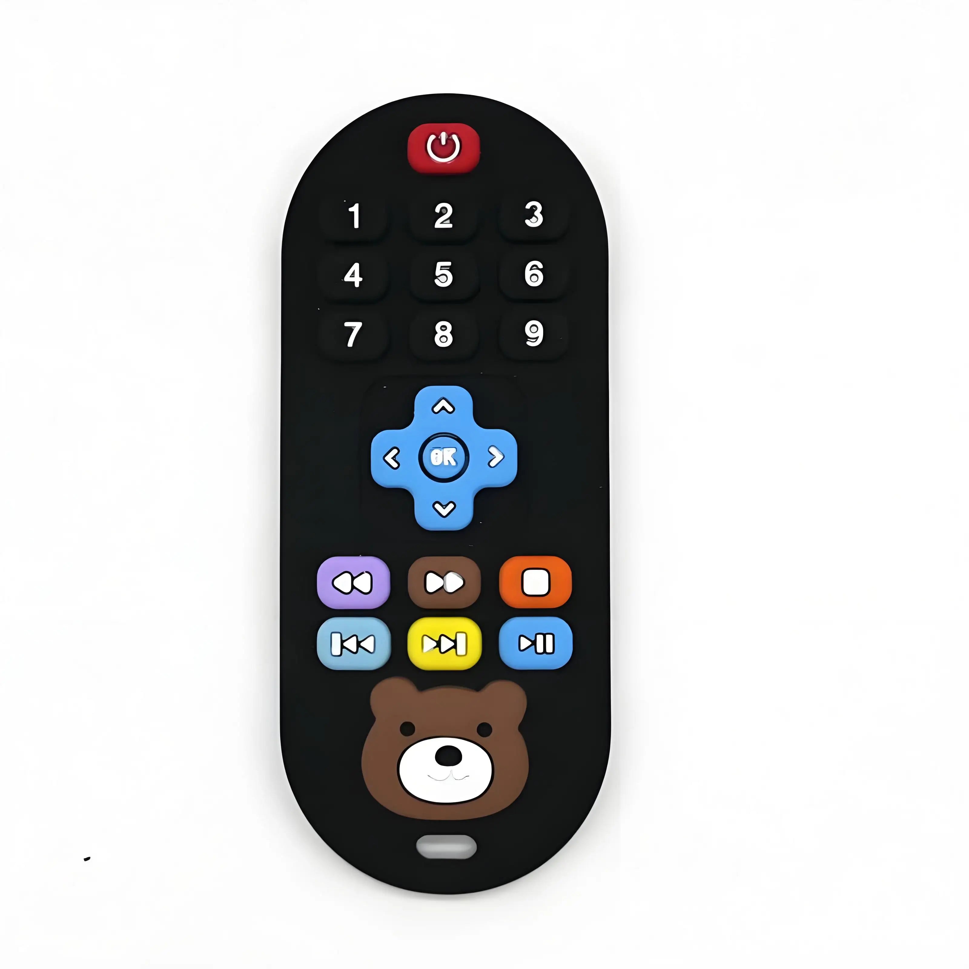 Black silicone teething toy shaped like a remote control for baby teething relief.