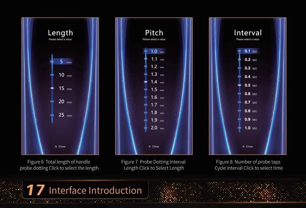 12D facial lift machine digital interface settings for length, pitch, and interval probe control on a blue display.