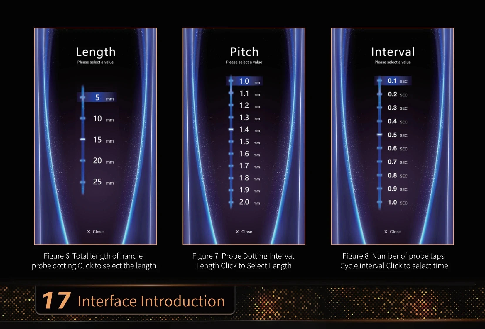 12D facial lift machine digital interface settings for length, pitch, and interval probe control on a blue display.