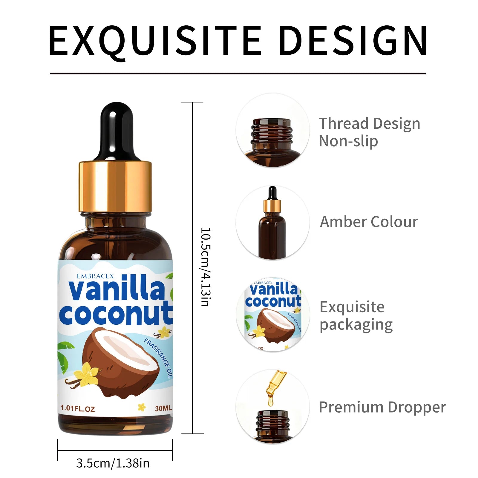 30ml Vanilla Coconut Essential Oil For Diffusers, Car Air Freshener Oil DIY Projects, Candle Making Long Lasting Scent, Gifts