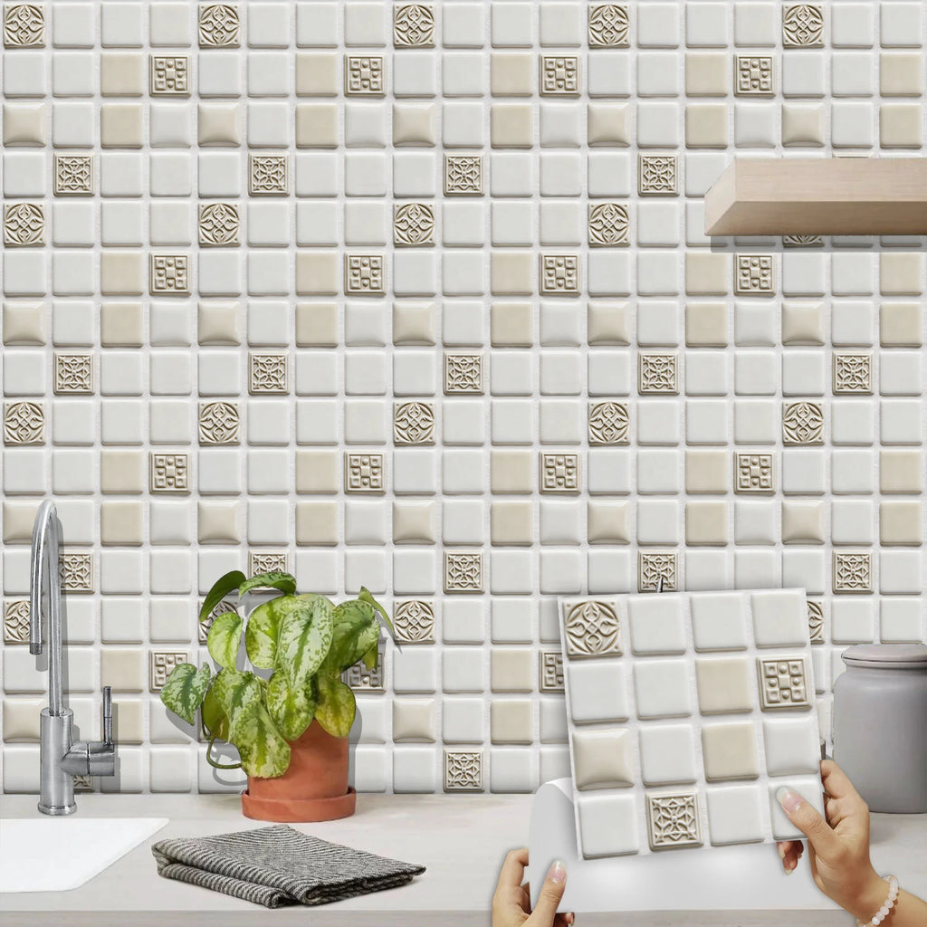 10pcs Flat Mosaic Tiles Sticker Set Kitchen Bathroom Wall Decals Gloss Waterproof Film 2D Surface Cover Transfers for Home Decor