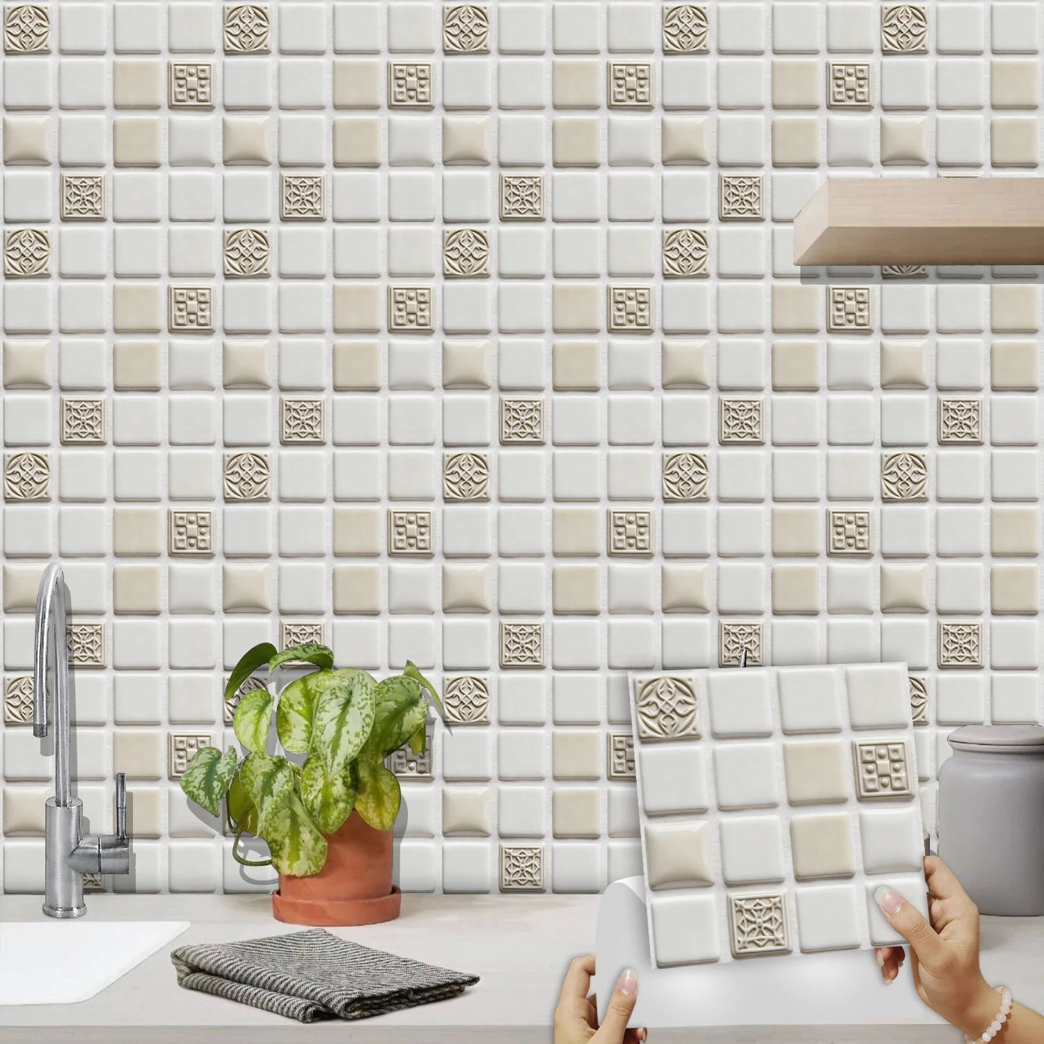 10pcs Flat Mosaic Tiles Sticker Set Kitchen Bathroom Wall Decals Gloss Waterproof Film 2D Surface Cover Transfers for Home Decor