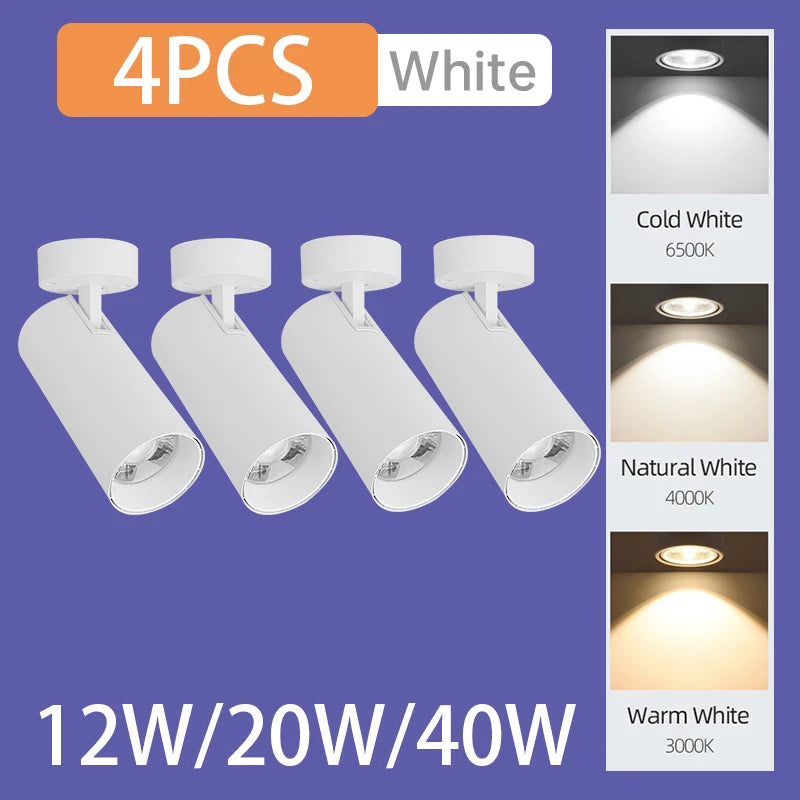 Set of four white surface-mounted LED spotlights with adjustable beam