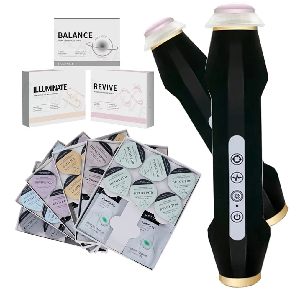 Black CO2 oxygen bubble facial machine with serum gel pods for home spa skin exfoliation and rejuvenation treatment.