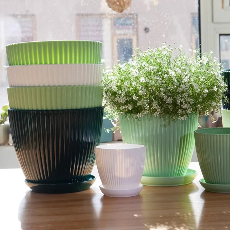 Plastic Flower Pots with Tray Solid Color Plant Pot Thickened Double Layer Green Plant Potted Planters Gardening Supplies