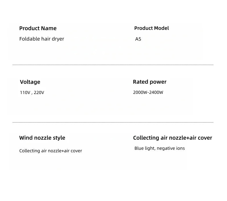2400W foldable hair dryer with blue light negative ions, collecting nozzle, and air cover for professional styling.