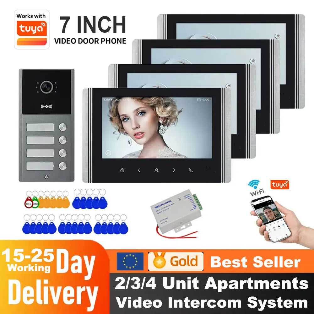 2/3/4 Unit Home Video Intercom for Apartments Residential Intercom Doorbell Wifi Video Door Phone System with RFID Card Unlock