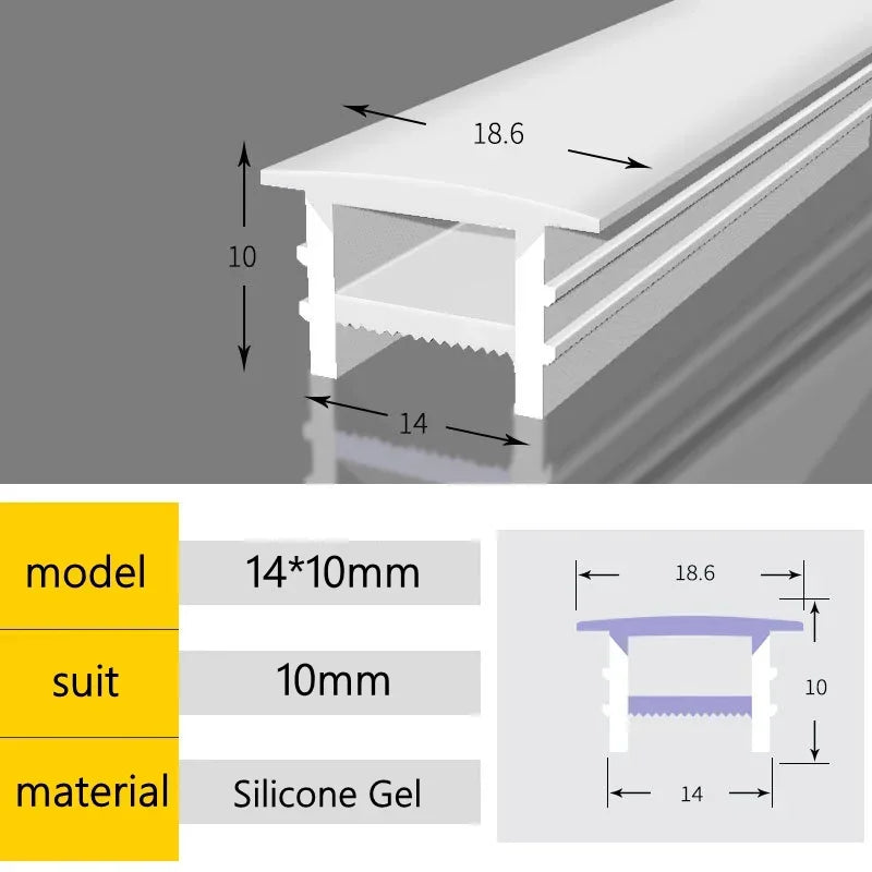 Recessed LED diffuser channel, white silicone gel tube, 14x10mm for 10mm strip