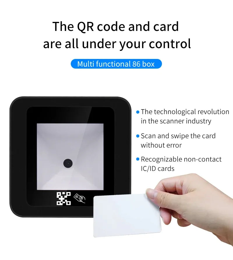 QR code reader with RFID card swipe and scan window in black frame