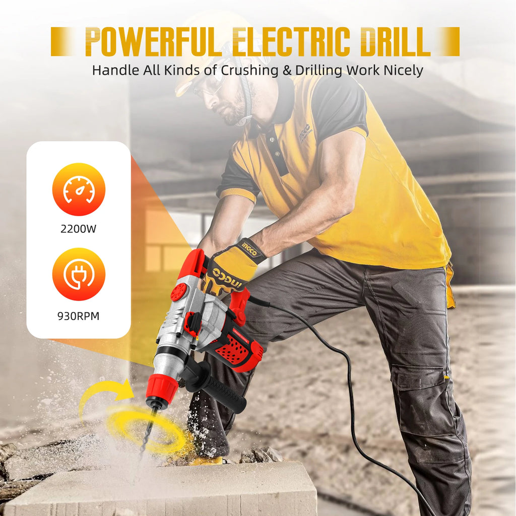2200W Rotary Hammer Drill with 6 Drill Bits & Toolbox, 4 In 1 Electric Concrete Perforator, Multi-Function Electric Hammer Kit
