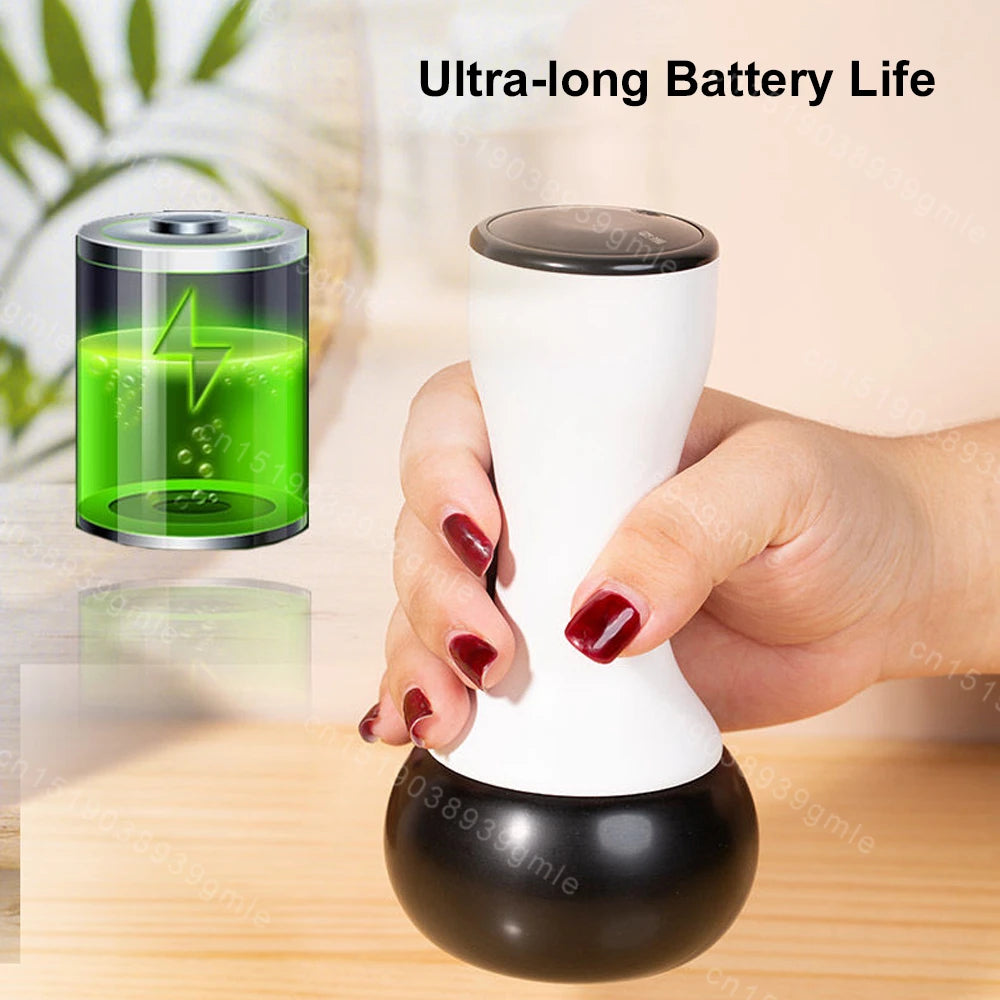 Hand holding a white and black, mushroom-shaped electric Bian stone massager next to a green battery icon.